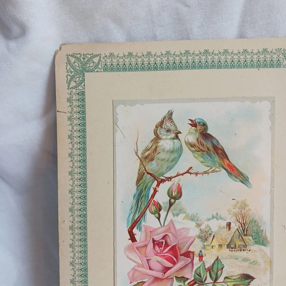 Victorian Antique Embossed Holiday Greeting Card Birds Rose